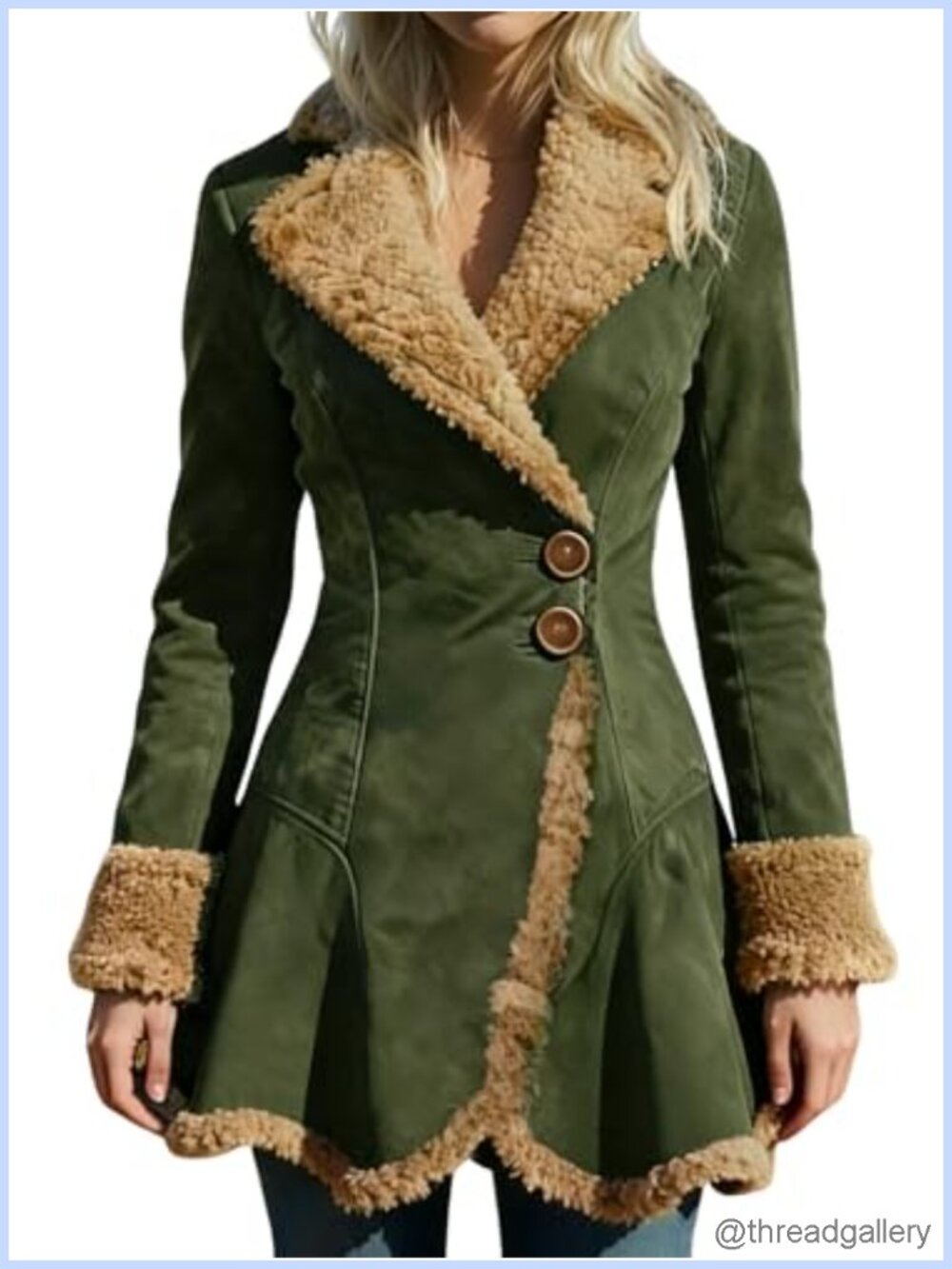 Faux Suede Sherpa Lined Fleece Coat Button Ruffle Hem Slim Fit